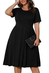 Produktbild: POSESHE Schwarze Damenkleider in Übergröße, Sommer, kurzärmelig, lässig, 2023, Rundhalskleid mit Taschen, Schwarz, 4XL