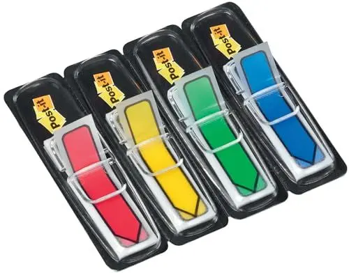 Produktbild: Post-it Index Pfeile, Gelb, Rot, Blau, Grün – 4 Spender mit je 24 Haftstreifen (11,9 mm x 43,2 mm) – Zum Markieren von Dokumenten und wichtigen Informationen