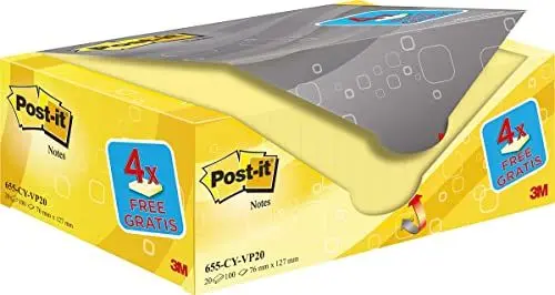 Produktbild: Post-it Notizen Kanariengelb, Vorteilspackung mit 16 Blöcken + 4 GRATIS, 100 Blatt pro Block, 76 mm x 127 mm, Farbe: Gelb - Selbstklebende Notizzettel für Notizen, To-Do-Listen und Erinnerungen