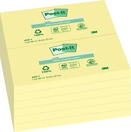 Produktbild: Post-it Recycling Notes 6551GE, Gelb, 76 x 127 mm, 1 Blöcke à 100 Blatt