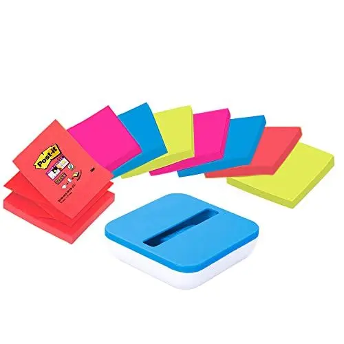 Produktbild: Post-it Spender mit Saugnapf in blau/weiß für Super Sticky Z-Notes, praktischer Helfer für Büro und Schularbeiten mit 8 zusätzlichen Haftnotizblöcken