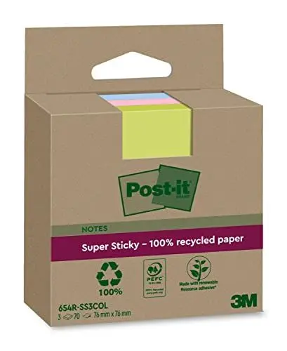 Produktbild: Post-it Super Sticky 100 % Recycling Notes, 3 Blöcke, 70 Blätter pro Block, 76 mm x 76 mm, Pink, Grün, Blau - Extra starke Haftnotizen aus 100 % Recyclingpapier