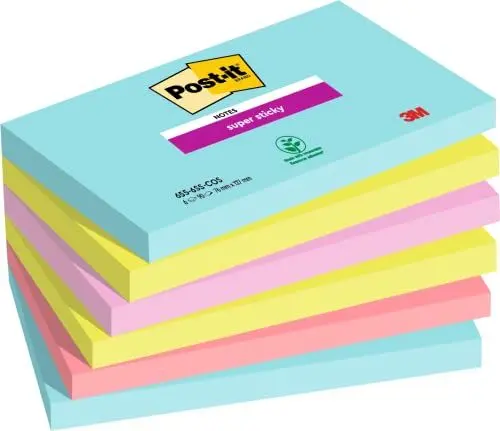 Produktbild: Post-it Super Sticky Notes Cosmic Collection, Packung mit 6 Blöcken, 90 Blatt pro Block, 76 mm x 127 mm, Mehrfarbig- Extra-stark klebende Notizzettel für Notizen