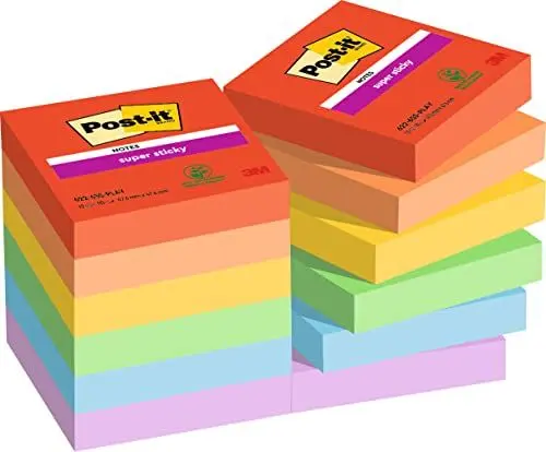Produktbild: Post-it Super Sticky Notes Playful Collection, Packung mit 12 Blöcken, 90 Blatt pro Block, 47, 6 mm x 47, 6 mm, Rot, Orange, Gelb, Grün, Blau, Lila - Extra-stark klebende Notizzettel
