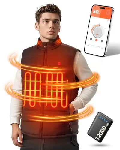Produktbild: POSUGEAR Heizweste Herren mit APP-Kontrolle, 12V 12000mAh Batterie Beheizbare Weste, 3 Wärmestufen, Multi-Zonen-Wärmeerzeugung, Leichte Beheizbare Jacke, für Alle Outdoor-Aktivitäten (M, Schwarz)
