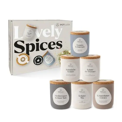 Produktbild: POTLUCK | Kräuter Kumpel 6er Set | Gewürzmischungen im Keramiktopf | Vegan, glutenfrei und mit natürlichen Inhaltsstoffen