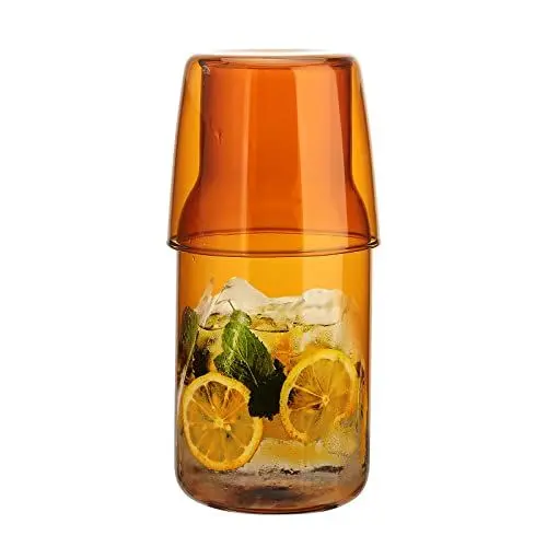 Produktbild: POTRUWE 500 Ml Nachttisch-Wasserkaraffe-Set mit Trinkglas, Nacht-Wasserkaraffe mit Glas, Glaskrug, Trinkglas, Glas-Mundwasser-Dekanter für Badezimmer, (Braun)
