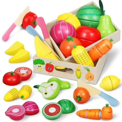 Produktbild: Pourbibi Spielzeug ab 1 2 3 Jahre, Montessori Spielzeug ab 1 2 Jahre, Kinderküche Spielküche Zubehör, Küchenspielzeug Holz für Kinder, Lernspielzeug Rollenspiele Pädagogisches Spielzeug Geschenk