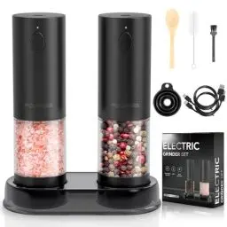 Produktbild: Pourbibi Elektrische Salz und Pfeffermühle 2er Set mit USB Wiederaufladbarer, Große Kapazität Gewürzmühle Elektrisch Grinder mit LED-Licht, Pfeffermühle Elektrische mit Einstellbarem Grobheit