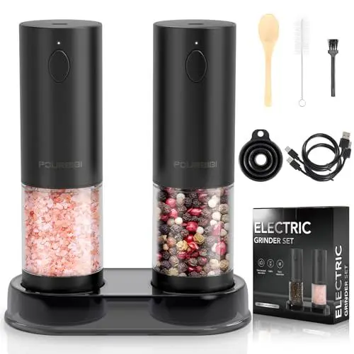 Produktbild: Pourbibi Elektrische Salz und Pfeffermühle 2er Set mit USB Wiederaufladbarer, Große Kapazität Gewürzmühle Elektrisch Grinder mit LED-Licht, Pfeffermühle Elektrische mit Einstellbarem Grobheit
