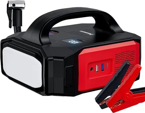 Produktbild: Povasee Starthilfe Powerbank mit Luftkompressor, 5000A Auto Starthilfe mit Zwei LCD Anzeigen, Starthilfekabel Robust, Großer Taschenlampe, Batterie Booster Starthilfe für Alle Benziner/8L Diesel