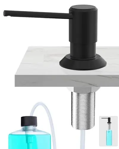 Produktbild: Poveta Seifenspender Schwarz Matt, Seifenspender Küche Einbau für Spülbecken, Spülmittelspender Küche mit 300ML Flasche und 1,2 m Schlauch, Seifenspender aus Kupfer, Oben Befüllen, Edelstahlmuttern