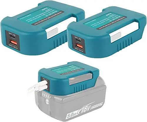 Produktbild: Powarobor 2 Stück Akku USB Ladegerät Adapter kompatibel mit Makita 18V Lithium-Ionen-Akku BL1850B Dual USB Mobile Ladegerät-Adapter mit Typ-C Schnellladung