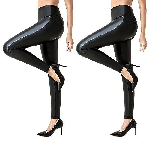 Produktbild: Powder Queen Damen Kunstleder Leggings Lederhose High Waist Leggings Hose Strumpfhosen Treggins Leggins Kunstleder Leggings Leder Look hüfthoch Thermal Kunstleder Winter 2 Paar