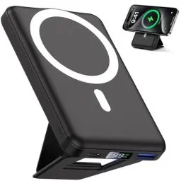 Produktbild: Power Bank 10000mAh, YAGOPAL 15W Wireless Magnetische Powerbank mit Faltbar Ständer, LED Anzeige PD 20W Battery Pack Kompatibel mit MagSafe für iPhone 12/13/14 Mini/Pro/Pro Max/Plus (Schwarz)