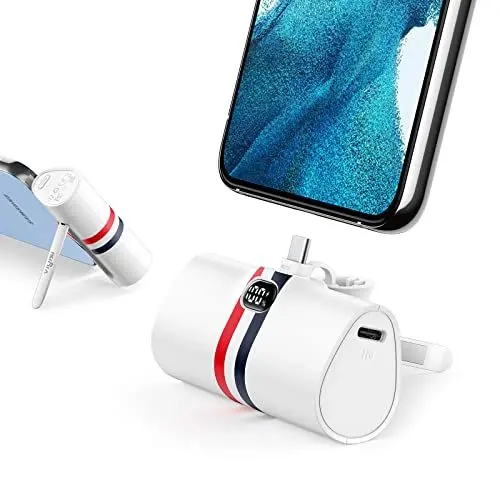 Produktbild: Power Bank USB C 5000mAh, Mini tragbares Ladegerät 20W PD Schnellladung, VIYISI kabellose Powerbank mit LED Display & Ständer kompatibel mit iPhone 15/Samsung S23 S22/Xiaomi/Huawei/Oppo, usw (Weiß)