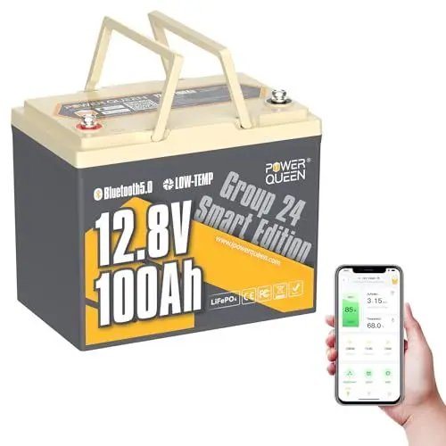 Produktbild: Power Queen 12,8V 100Ah Gruppe 24 Bluetooth LiFePO4 Batterie, Low-Temp-Abschaltschutz Tiefzyklus Lithium, Max.15000 Zyklen 10 Jahre Lebensdauer Batterie für Trailer, Trolling Motor, Off-Grid