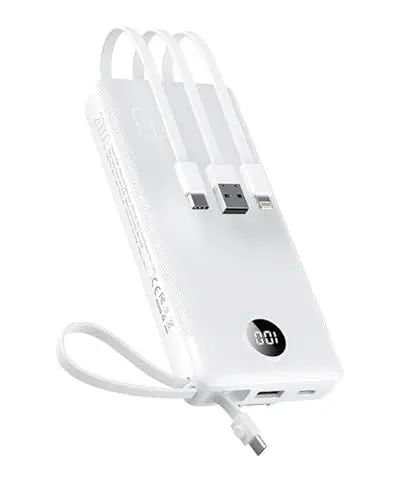 Produktbild: VEEKTOMX Powerbank 20000mAh Power Bank mit integrierten Kabeln USB C Externe Handyakkus mit 5 Ausgängen & 2 Eingängen Reise Gadgets Akkupack Kompatibel mit iPhone, Samsung, Huawei, Xiaomi, iPad (Weiß)