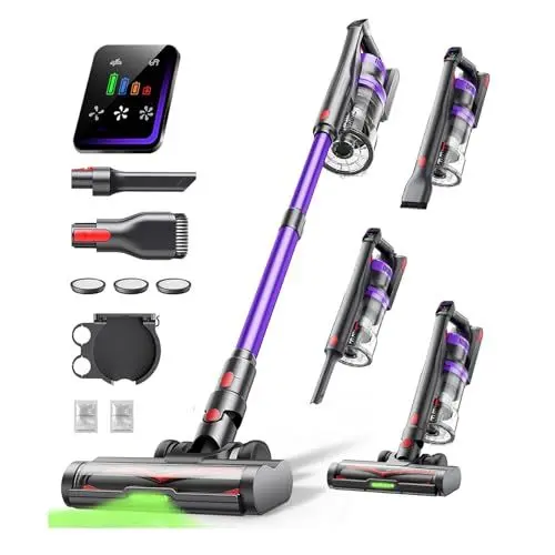 Produktbild: Powerffy Akku Staubsauger 600W/50KPa/65Min, Staubsauger Kabellos mit HD-Display, Aromatherapie, 1,8L-Staubbehälter, Akkustaubsauger grünem LED-Licht Bürste für Teppiche, Hartböden und Tierhaare