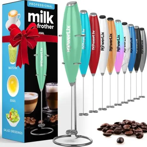 Produktbild: PowerLix Milchaufschäumer Stab, Milchschäumer Elektrisch - mit Edelstahlständer 15-20s, 19000 U/min, Batteriebetriebener Milk Frother für Kaffee, Latte, Cappuccino, Heiß & Kalte Schokolade
