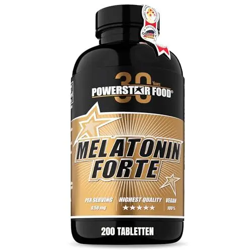 Produktbild: Powerstar MELATONIN FORTE | Jahrespackung Melatonin hochdosiert 0,5 mg pro 1/2 Tablette | Deutsche Herstellung | Natürliche Einschlafhilfe Erwachsene | Anti-Jetlag-Effekt | 200 Melatonin-Tabletten