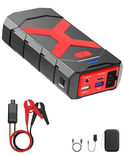 Produktbild: Powkey 2000A Starthilfe Powerbank für pkw, 12V Powerbank Auto Starthilfe, Auto Booster Power Pack für 8.0L Benzin und 6.0L Diesel mit Starthilfekabel/USB-Kabel 3.0 Ports und LED (Rot)