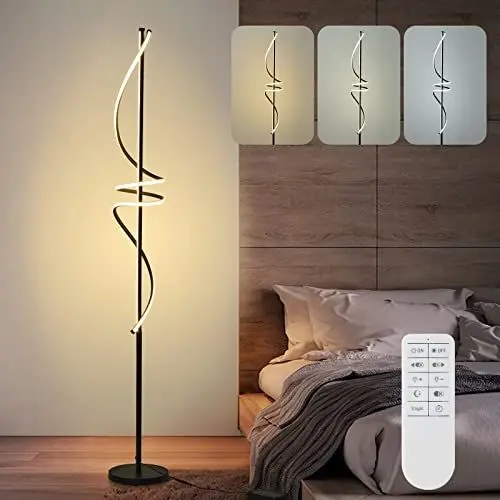 Produktbild: POWROL Stehlampe Wohnzimmer, 174CM Stehlampe mit Fernbedienung Dimmbar 3 Farbtemperaturen Moderne LED Stehlampe Nachtlicht Hohe Stehlampe Schwarz 48W für Schlafzimmer