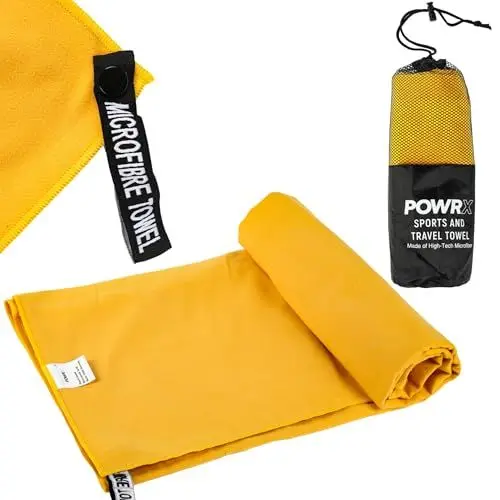 Produktbild: POWRX Micro Fiber Handtuch Set - Kompakt & Leicht - Saugstark & Schnelltrocknend - Einfaches Aufhängen & Verpacken - Materialqualität & Pflegeleicht - microfaser handtücher w Tasche - Gelb