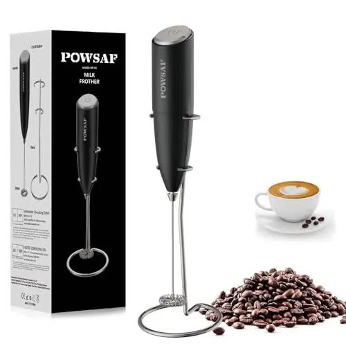 Produktbild: POWSAF Milchaufschäumer,Milchschäumer elektrisch mit Ständer, milchaufschäumer stab,13000 U/min, Milchschäumer für Kaffee, Latte, Cappuccino, Schwarz/Silbrig