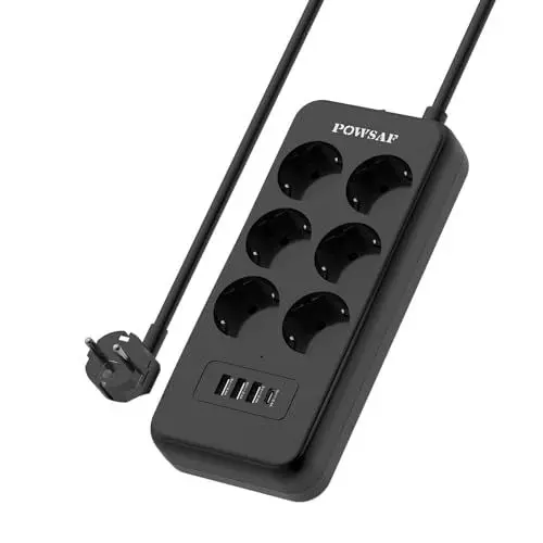 Produktbild: POWSAF Steckdosenleiste mit USB-C-Anschluss, 4 Steckdosen, 3 USB-A-Anschlüsse und 1 USB-C-Anschluss, mit Schalter, geeignet für Homeoffice - Schwarz.