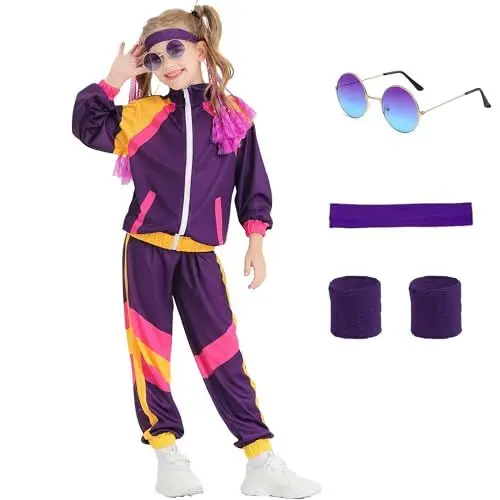 Produktbild: Poywuo 80er 90er Jahre Kostüm Kinder Jungen Mädchen 80s 90s Jogginganzug Trainingsanzug Sportanzug Tracksuit für Fasching Halloween Karneval Mottoparty,Lila,XS(4-5 jahre)