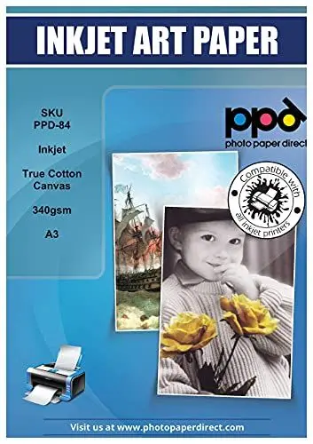 Produktbild: PPD A3 x 10 Blatt Inkjet Canvas Bedruckbares Fotopapier 340g Weiss, Matt, 100% Baumwolle PPD-59-10