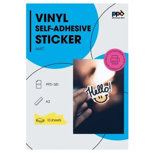 Produktbild: PPD 10 x A3 Inkjet PREMIUM Vinyl Aufkleberfolie Bedruckbar, Weiß, Matt, Selbstklebend PPD-381-10
