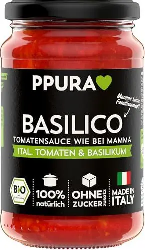 Produktbild: PPURA Bio Tomatensauce Basilico | Pasta-Sauce mit italieischem Basilikum | Sugo Made in Italy | 100% Natürlich | Nudel-Soße Vegan Zuckerzusatz & Konservierungsstoffe | 340g Glas