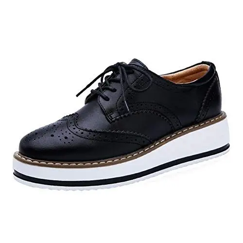 Produktbild: PPXID Damen Halbschuhe Oxford Brogues Schnürhalbschuhe mit Keilabsatz 4.5CM Plateau Sneaker Schuhe,Schwarz B,39 EU