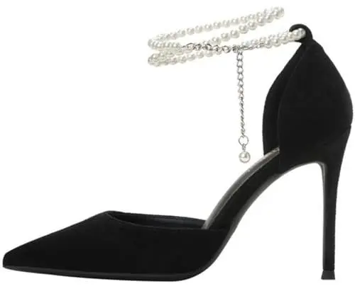 Produktbild: PPXID Damen High Heels mit Perlen Knöchelriemen 10 cm Absatz Pumps Stiletto Elegante Spitzenschuhe für Abendkleider & Hochzeit,Schwarz 10 cm,39 EU