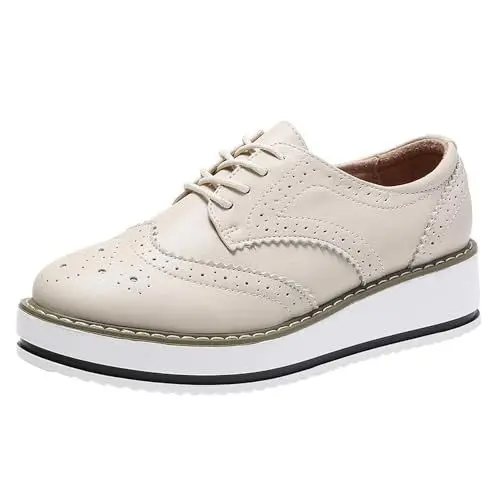Produktbild: PPXID Schnürhalbschuhe Damen Oxford Brogues Halbschuhe Sneaker mit Keilabsatz,Beige,36 EU