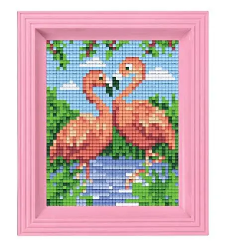 Produktbild: Pixel P31442 Mosaik Geschenkverpackung Flamingos, Pixelbild mit Rahmen, kinderleichtes Stecksystem, ohne Bügeln und Kleben, Steinchen aus Biokunststoff
