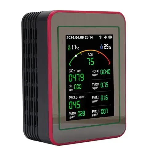 Produktbild: Präfessioneller Innenraumluftqualitätsmonitor, Tragbarer Smart Air Quality Tester CO2 TVOC HCHO PM2.5 Temperaturfeuchtigkeit Timer, Luftqualitätsmessgerät (schwarz+rot)
