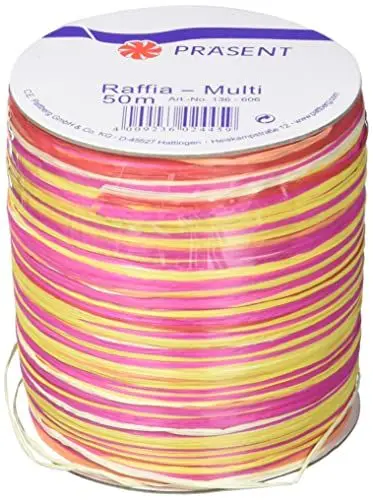 Produktbild: Präsent C.E. Pattberg Raffia-Multicolour Bastband pink-gelb-rot, 50 m Geschenkband zum Einpacken, 5-strängiges Bastelband für Geschenke, Zubehör zum Dekorieren & Basteln