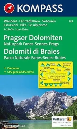 Produktbild: Pragser Dolomiten - Naturpark Fanes-Sennes-Prags - Dolomiti di Braies - Parco Naturale Fanes-Senes-Braies 1 : 25 000: Wanderkarte mit Radrouten, ... 1:25000 (KOMPASS Wanderkarte, Band 145)