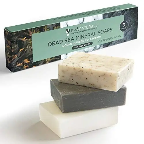 Produktbild: PraNaturals Totes Meer Seife – 70g pro Seife – Ozeandurchzogene Sammlung, 3er-Pack, Natürlich reich an Mineralstoffen, Set beinhaltet Schlammseife, Seetangseife & Mineralseife