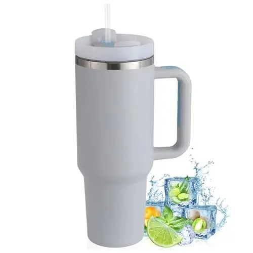Produktbild: PRAOAHEI 40oz Thermobecher mit Strohhalm und Henkel, 1180 ML Doppelwandiger Edelstahl Heiße Kalte Getränke Vakuum Trinkbecher, Kaffeebecher für Zuhause Reisen Hell Grau