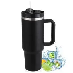 Produktbild: Praoahei 40oz Thermobecher mit Strohhalm und Henkel,1180 ML Doppelwandiger Edelstahl Heiße Kalte Getränke Vakuum Trinkbecher,Kaffeebecher für Zuhause Reisen Schwarz