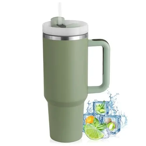 Produktbild: PRAOAHEI 40oz Thermobecher mit Strohhalm und Henkel,1180 ML Doppelwandiger Edelstahl Heiße Kalte Getränke Vakuum Trinkbecher, Kaffeebecher für Zuhause Reisen Matchagrün