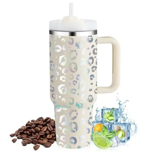 Produktbild: PRAOAHEI 40oz Thermobecher mit Strohhalm und Henkel, 1180 ML Aufgewertet Doppelwandiger Edelstahl Heiße Kalte Getränke Vakuum Trinkbecher, Kaffeebecher für Zuhause Reisen Weiß
