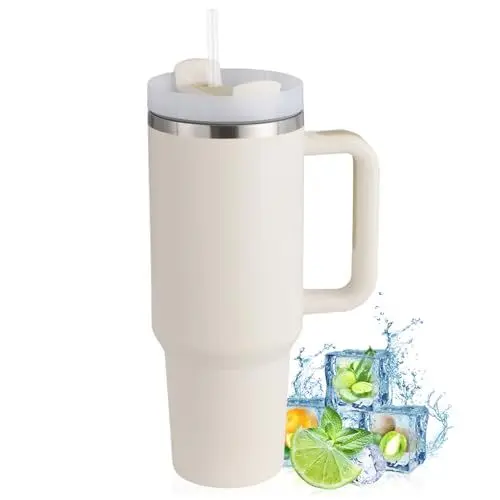 Produktbild: PRAOAHEI 40oz Thermobecher mit Strohhalm und Henkel,1180 ML Doppelwandiger Edelstahl Heiße Kalte Getränke Vakuum Trinkbecher, Kaffeebecher für Zuhause Reisen Weiß