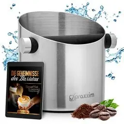Produktbild: praxxim Abklopfbehälter für Siebträger >> mit EBOOK für KAFFEE-Spezialitäten << Espresso Abschlagbox Optimal für 1-2 Espresso Genießer im Haushalt - Kaffeesatz Abschlagbehälter aus Edelstahl