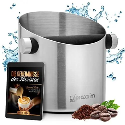 Produktbild: praxxim Abklopfbehälter für Siebträger >> mit EBOOK für KAFFEE-Spezialitäten << Espresso Abschlagbox Optimal für 1-2 Espresso Genießer im Haushalt - Kaffeesatz Abschlagbehälter aus Edelstahl