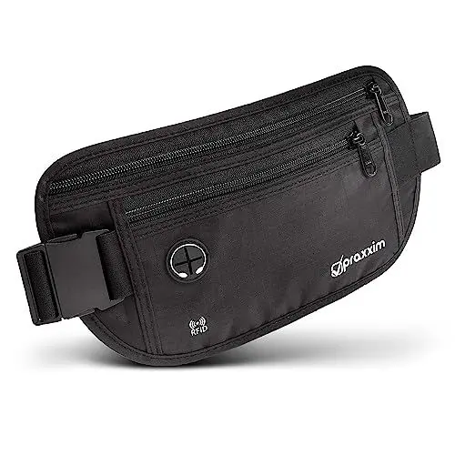 Produktbild: praxxim Die Bauchtasche zum Reisen - DIEBSTAHLSICHER mit RFID Schutz - Extra Flache Bauchtasche unter Kleidung tragbar - Hüfttasche - Reisebauchtasche - Geldgürtel für Damen und Herren